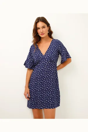 C&A Vestido curto de viscose decote v floral azul