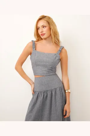 C&A Cropped com linho alça fina azul