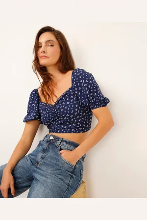 C&A Cropped decote coração manga bufante floral azul