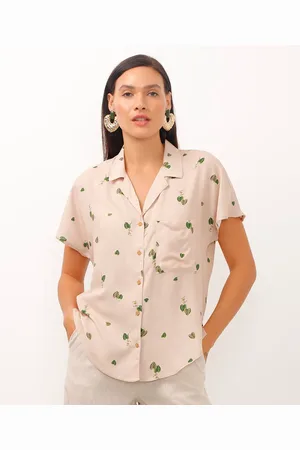 C&A Camisa de viscose manga japonesa folhagem bege