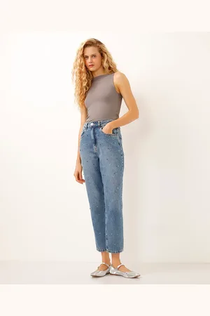 C&A Calça mom jeans cintura alta com brilhos azul