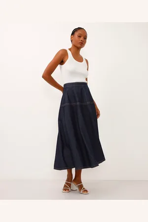 C&A Saia midi godê jeans cintura super alta azul