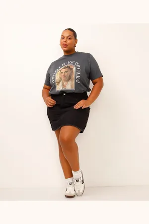 C&A Saia reta jeans plus size cintura alta preta