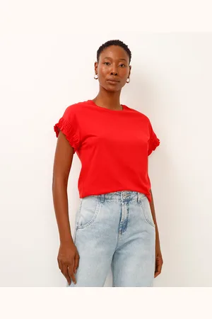 C&A Camiseta de algodão manga curta com fru fru vermelha