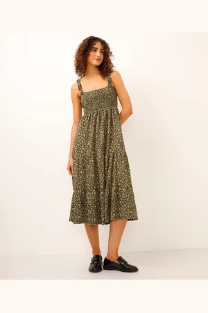C&A Vestido midi decote quadrado texturizado floral verde