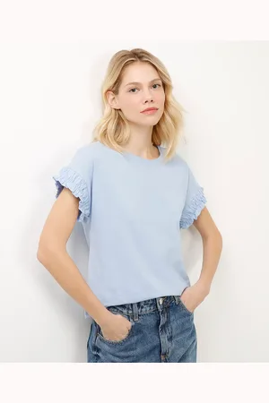 C&A Camiseta de algodão manga curta com fru fru azul