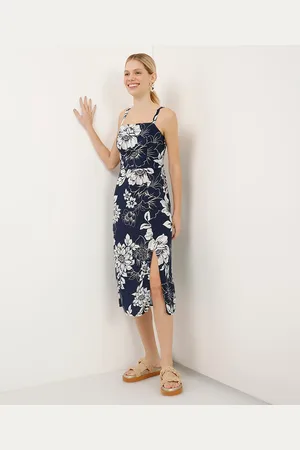 C&A Vestido midi de viscose com fenda floral azul