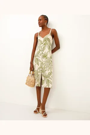 C&A Vestido midi com linho folhagens