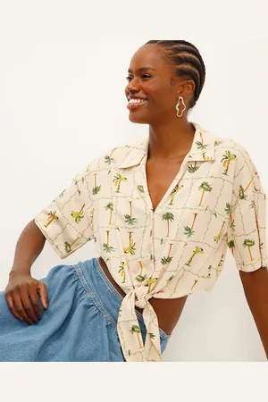 C&A Cropped de viscose com amarração folhagens amarelo