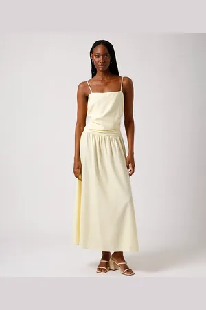 C&A Vestido longo franzido com linho mindset amarelo