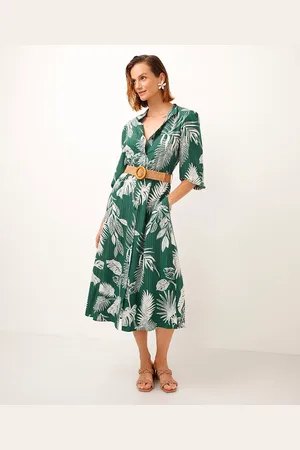 C&A Vestido chemise de viscose folhagens com cinto verde