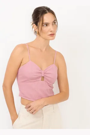 C&A Cropped feminino decote coração com linho rosa