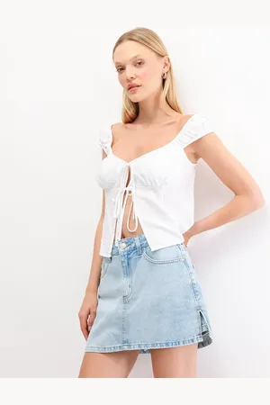 C&A Short saia feminino jeans com fendas azul