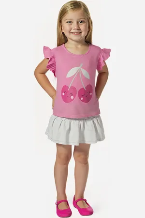 C&A Blusa de algodão infantil cereja com babado rosa