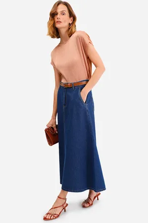 C&A Saia longa feminina jeans com cinto azul