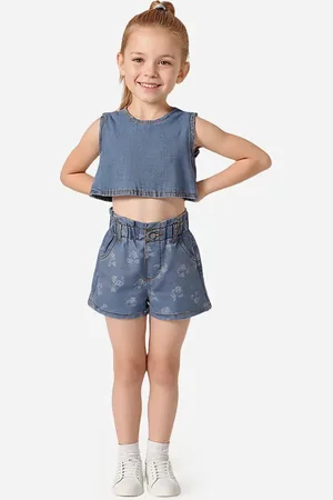 C&A Short clochard jeans infantil cós com elástico floral azul