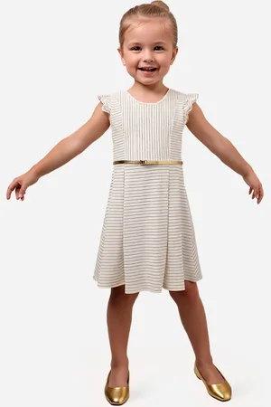 C&A Vestido infantil listrado com cinto off white