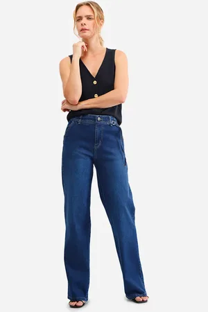 C&A Calça wide leg feminina jeans com cinto sawary azul