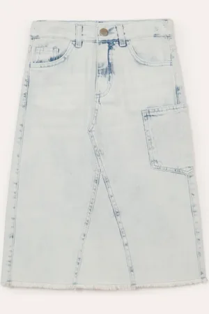 C&A Saia jeans midi infantil com bolsos e desfiado azul