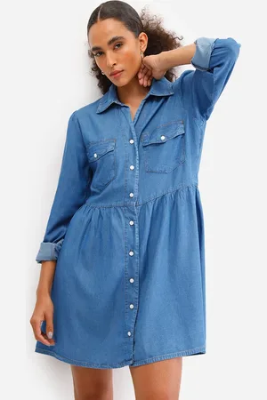 C&A Chemise curto feminino jeans manga longa azul