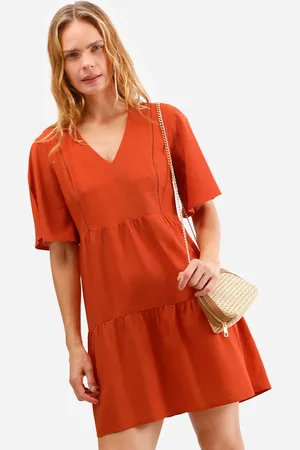 C&A Vestido curto com linho manga curta laranja