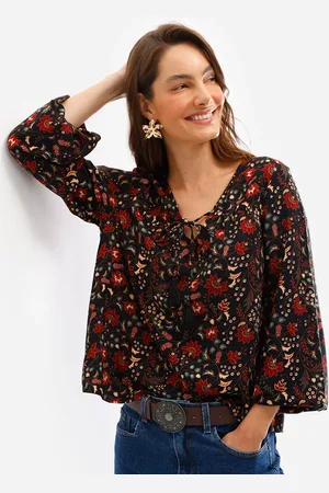 C&A Bata feminina de viscose manga bufante floral preta