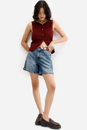 C&A Short feminino jeans com fenda azul