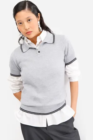 C&A Polo feminina de tricot manga curta cinza