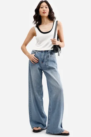 C&A Calça oversized feminina jeans destroyed com faixa azul
