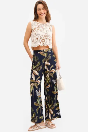 C&A Calça wide leg feminina folhagens texturizada azul