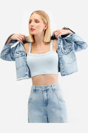 C&A Cropped feminino de poliamida canelado azul