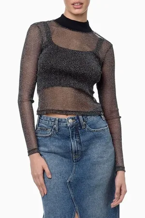 Calvin Klein Blusa Feminina Manga Longa Gola Alta Tule Jeans