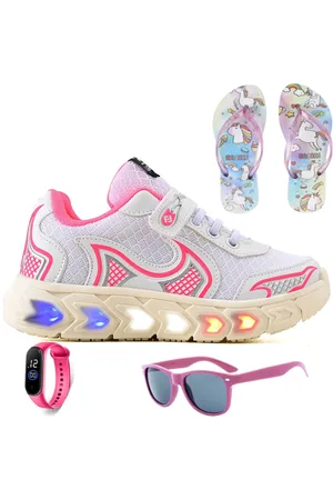 CALCADOS LGHT LIGHT Infantil - Tenis de Led Meninas Jogger Casual Escolar Macio + Chinelo Oculos e Relogio