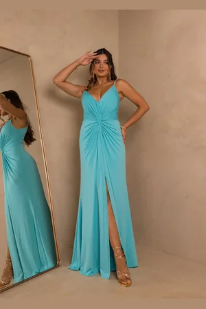 Cia do Vestido Vestido Longo de Festa Fluity Decote em V Nó Frontal Alcinhas Strass Fefy Tiffany