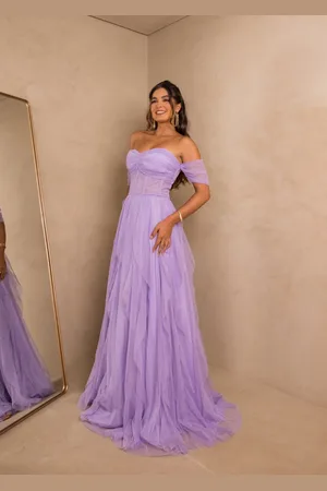 Cia do Vestido Vestido Longo de Festa Corselet Ombro à Ombro Saia com Babados Micro Tule com Brilho Lucindry Lavanda