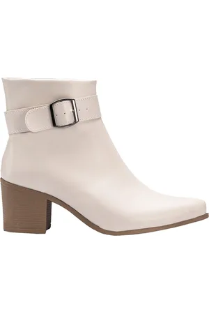 Shekinah Bota Feminina Bico Fino Salto Saltinho Fivela Destacável Off White