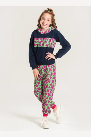 Molekada Infantil - Conjunto Inverno Menina Marinho Cropped e Calça em Moletom Coração Vibrante