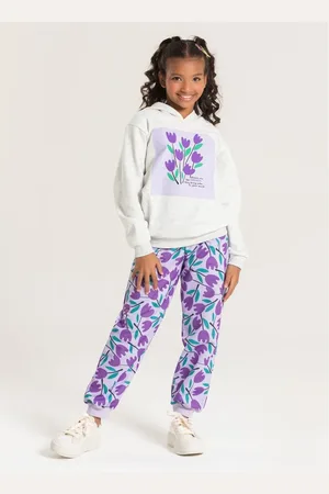 Molekada Infantil - Conjunto Inverno Menina Mescla Blusão Com Capuz e Calça em Moletom Flores