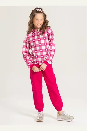 Molekada Infantil - Conjunto Inverno Menina Pink Blusão e Calça em Moletom Coração Xadrez