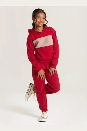 Molekada Infantil - Conjunto Inverno Menina Borgonha Cropped com Capuz e Calça em Moletom Básico com Recorte