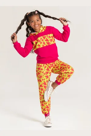 Molekada Infantil - Conjunto Inverno Menina Pink Cropped e Calça em Moletom Coração Vibrante