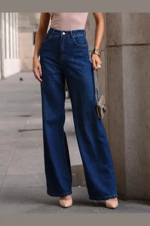 Crawling Calça Jeans Wide Leg Escuro Cintura Alta Feminina
