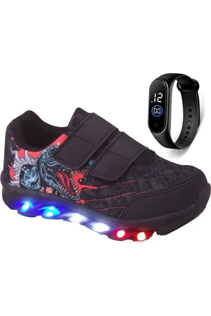 CALCADOS LGHT LIGHT Infantil - Tenis de Led Meninos Casual Escolar Dinossauro + Relogio