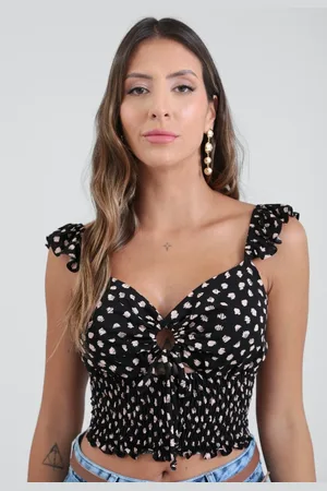 Pop Me Blusa Cropped Em Viscose Alça Com Busto Vazado Estampa Bicolor