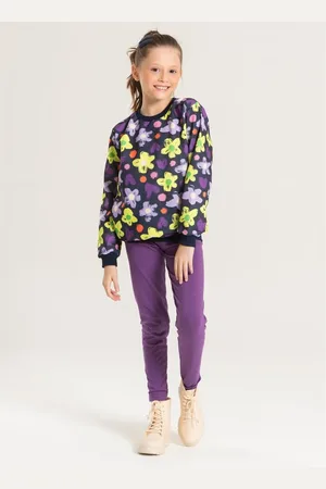 Molekada Infantil - Conjunto Inverno Menina Marinho Blusão e Legging em Cotton Flores Coloridas