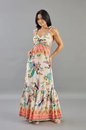LEMIER Vestido Longo Collection de Alça Estampa Tropical Fio de Ouro e Babado