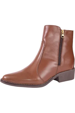 KUENTO SHOES Bota Feminina Cano Baixo Bico Fino Couro Conhaque