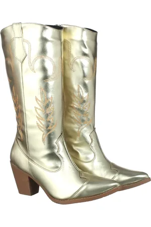 Flor da Pele Bota Feminina Country Cano Longo com Bordado Napa Metalizada Dourada
