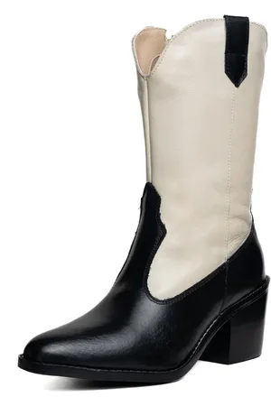KUENTO SHOES Bota Texana Western Bico Fino Country Couro Preto com Off White
