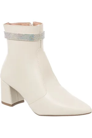 Stessy Shoes Bota Coturno Feminina Básica Bico Fino Salto Grosso Strass Off-white
